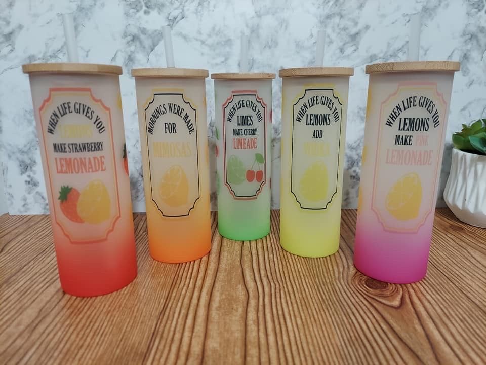 Custom Frosted Glass Tumblers w/ Bamboo Lid & Straw - Fun Sayings & Fruit Designs