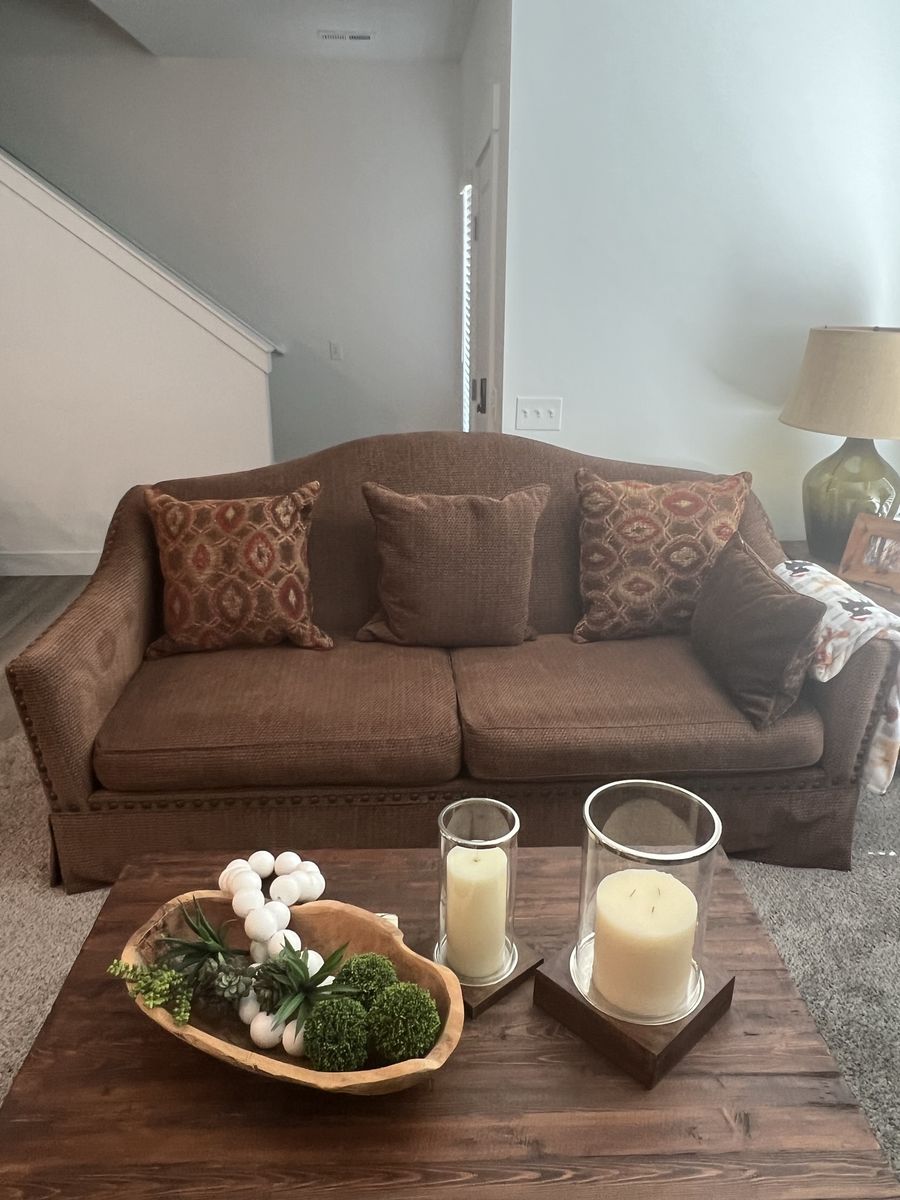 Brown Woven Fabric Sofa Couch with Nailhead Trim and Accent Pillows