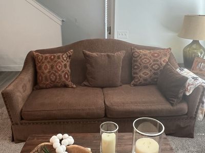 Brown Woven Fabric Sofa Couch with Nailhead Trim and Accent Pillows