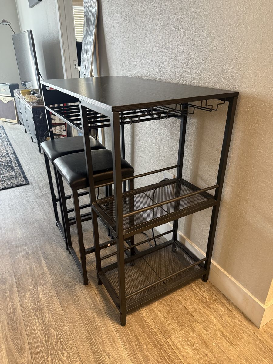 Black Pub Table and Bar Stools Set with Storage and Wine Rack