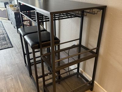 Black Pub Table and Bar Stools Set with Storage and Wine Rack