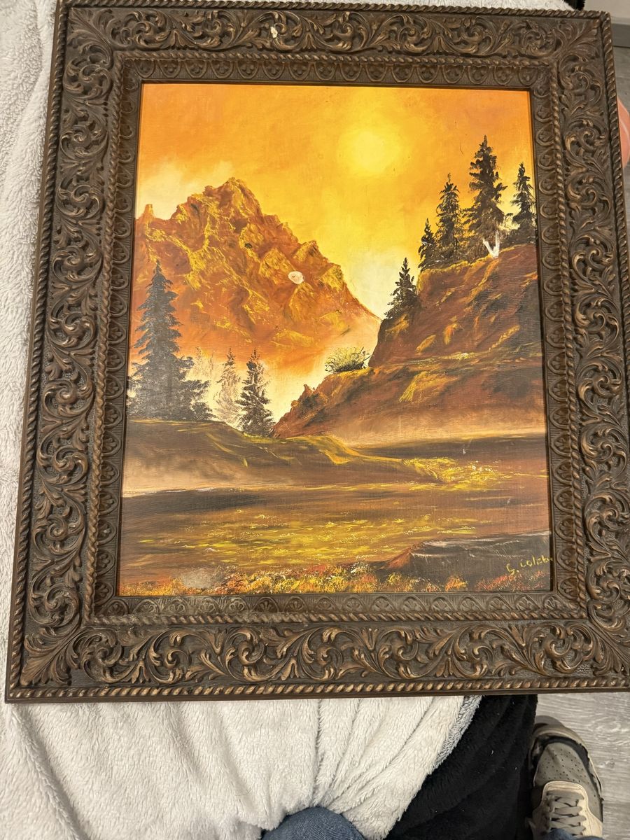Large Vintage Golden Mountain Sunset Oil Painting – Signed S. Coleb Ornate Frame