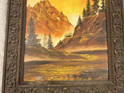 Large Vintage Golden Mountain Sunset Oil Painting – Signed S. Coleb Ornate Frame