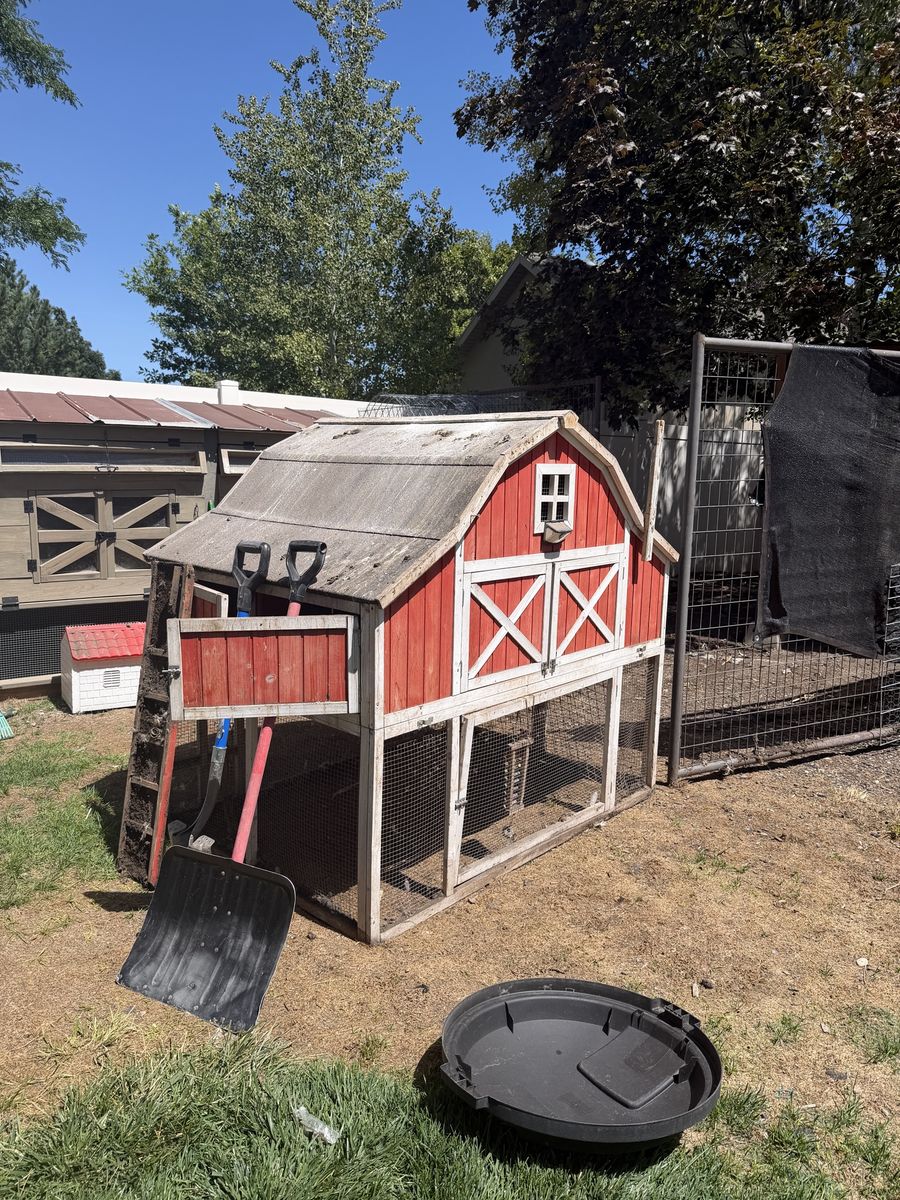 Wooden Red and White Chicken Coop Barn Style Used Outdoor