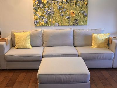 Lovesac Sactional Sofa - 3 Seats + Chaise/Ottoman - Color Light Linen. Modular.