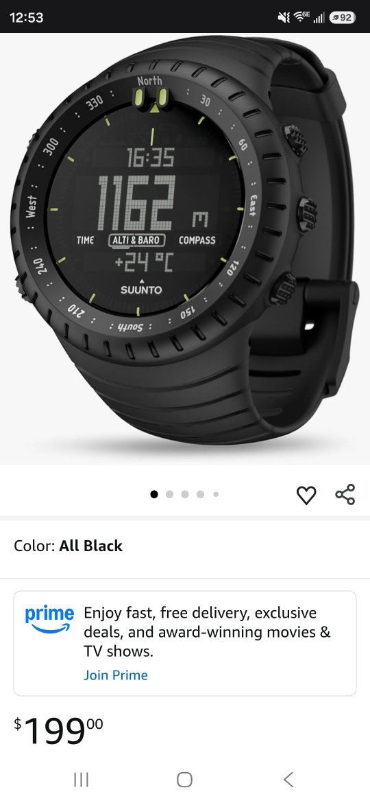 Suunto Core All Black Outdoor Watch with Altimeter, Barometer, & Compass