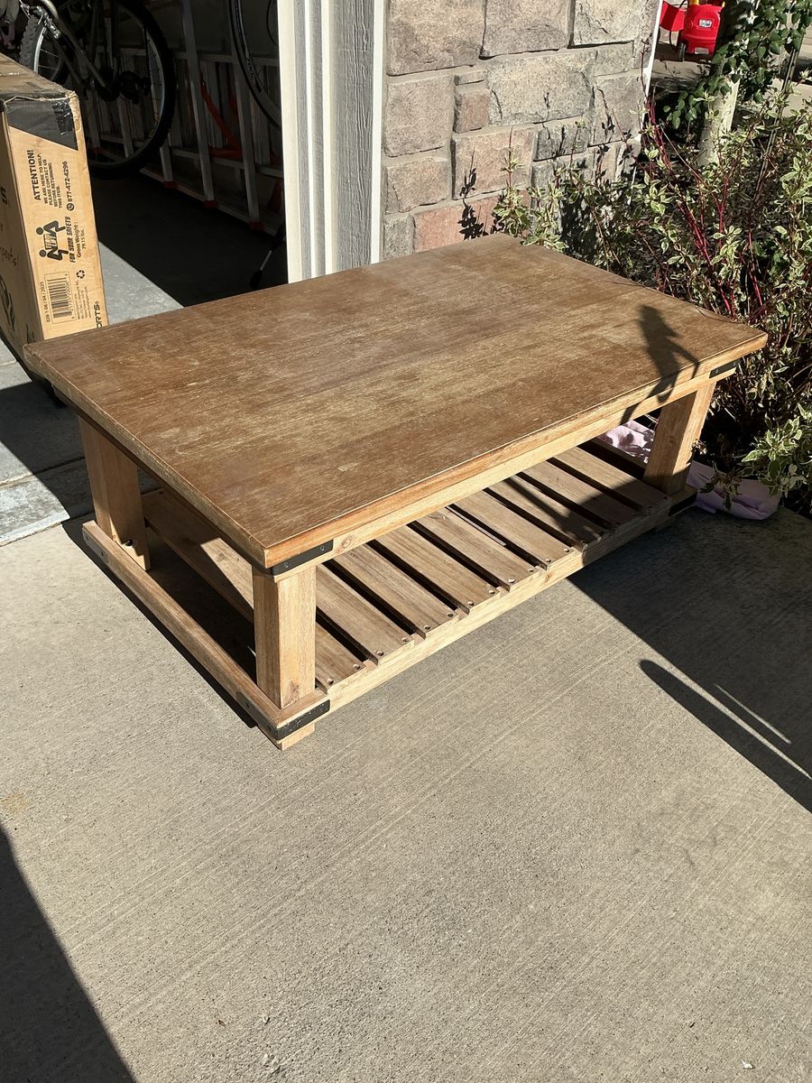 Rustic Wood Coffee Table with Slatted Shelf - Farmhouse Style Accent Furniture