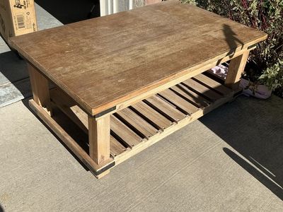 Rustic Wood Coffee Table with Slatted Shelf - Farmhouse Style Accent Furniture