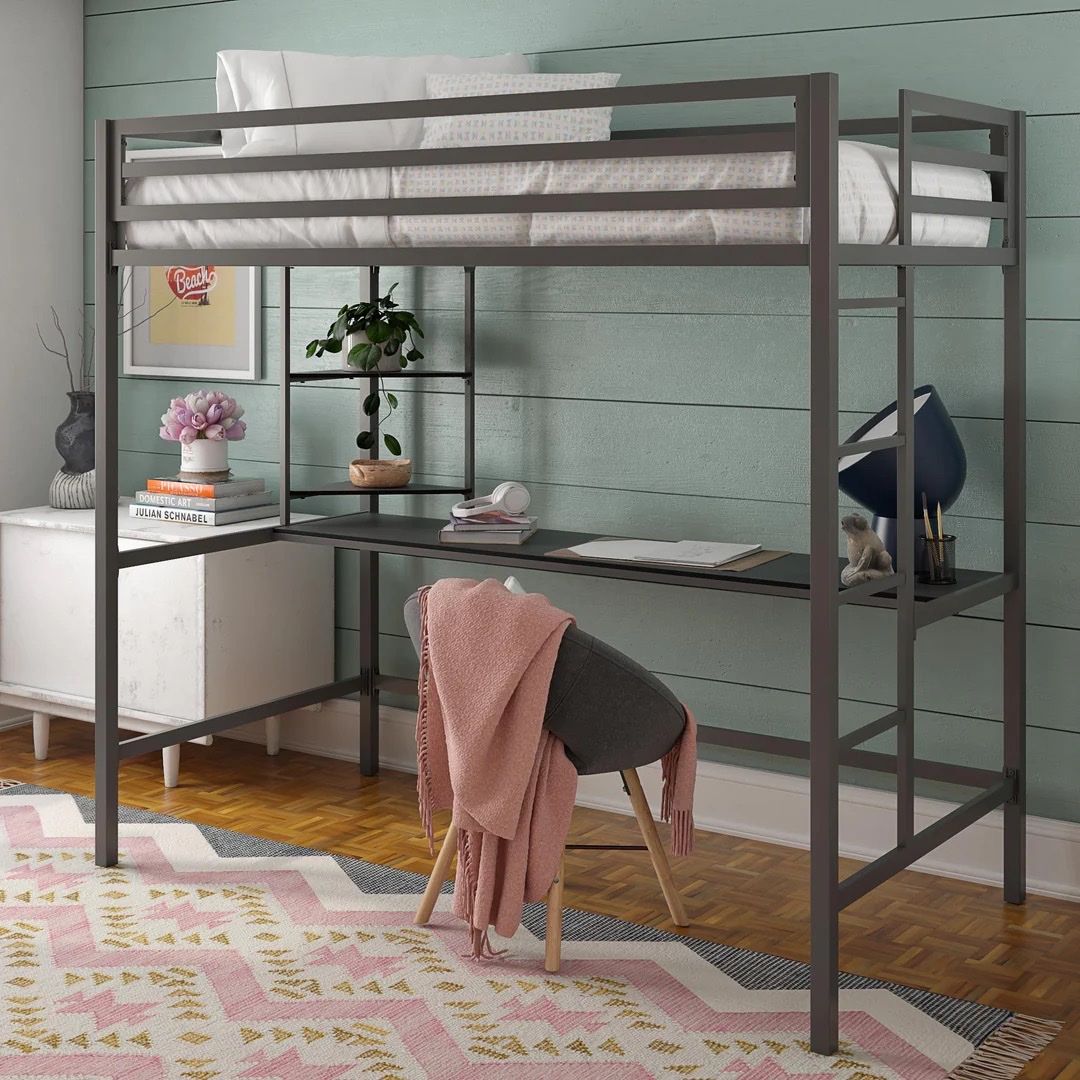 Novogratz Maxwell Twin Loft Bed with Desk & Shelves - Gray, Excellent Condition