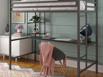 Novogratz Maxwell Twin Loft Bed with Desk & Shelves - Gray, Excellent Condition