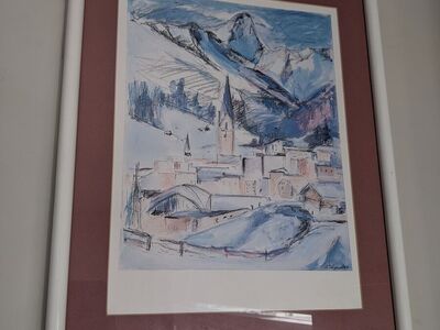 Framed Winter Snow European Villiage Art