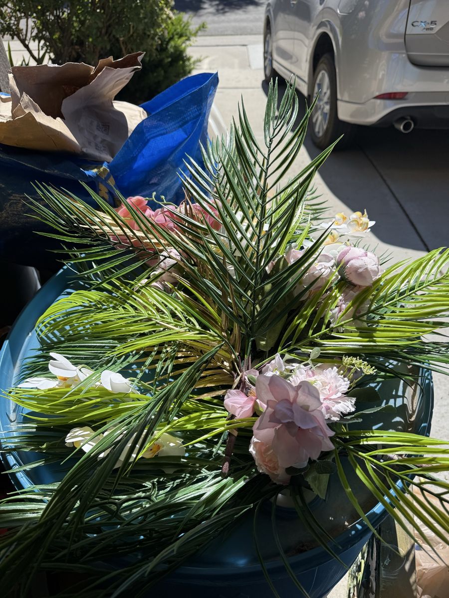 Assorted Artificial Flower & Palm Leaf Arrangements - Used Floral Decor 6 total with vases