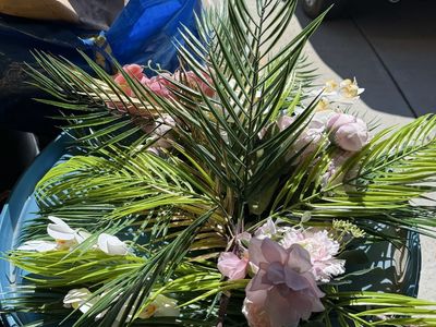 Assorted Artificial Flower & Palm Leaf Arrangements - Used Floral Decor 6 total with vases