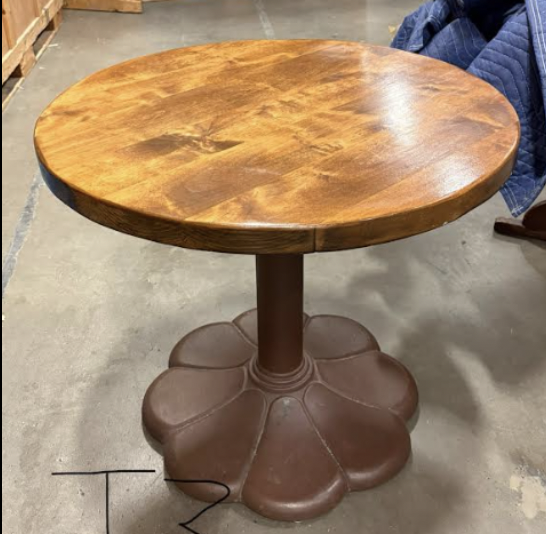Vintage Cast Iron Pedestal Bistro Table Round Wood Top Scalloped Base Cafe Pub