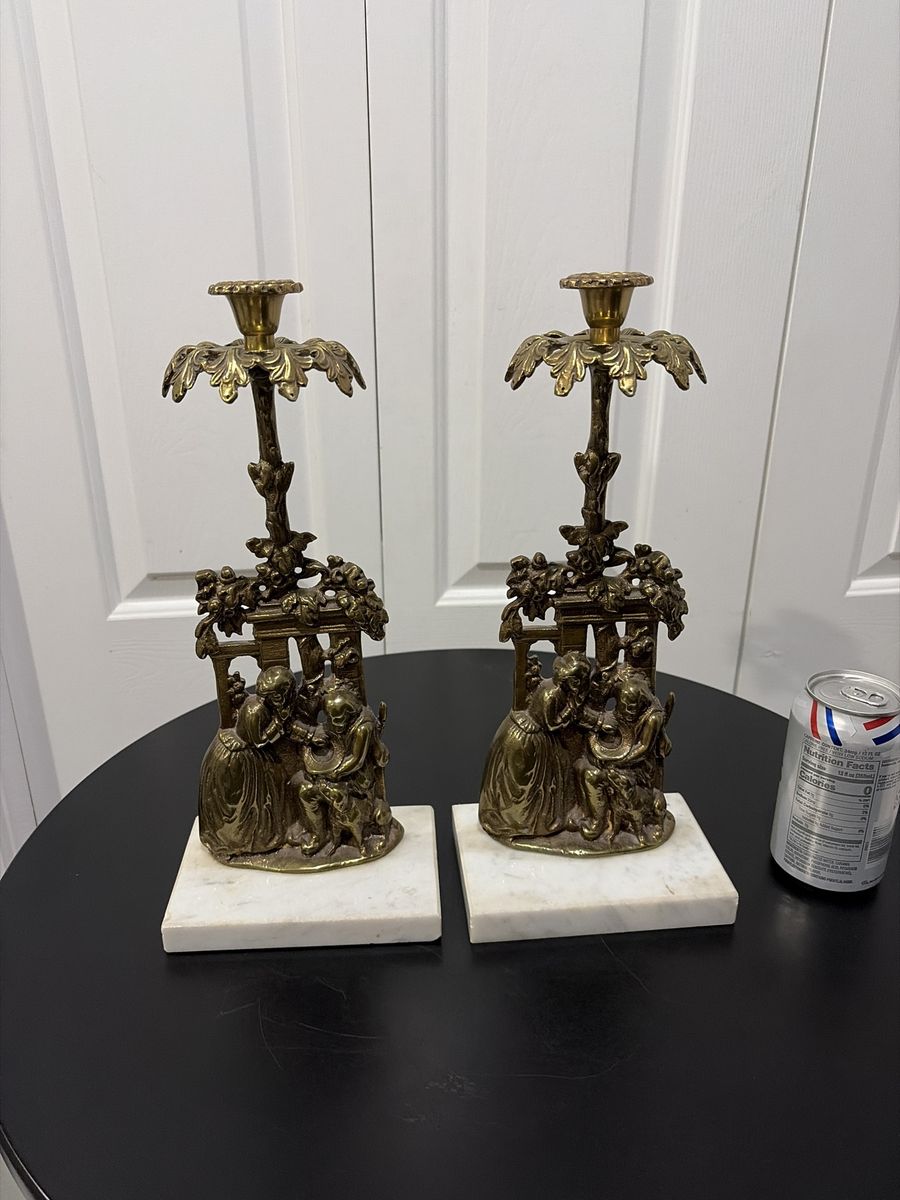 Solid Brass/Marble Book End/ Taper Candle Holders