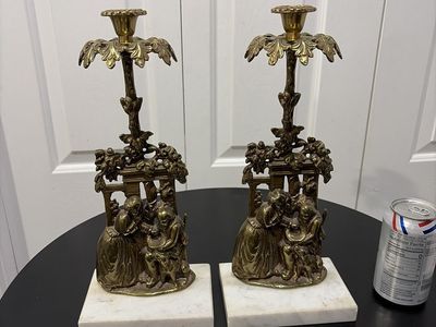 Solid Brass/Marble Book End/ Taper Candle Holders