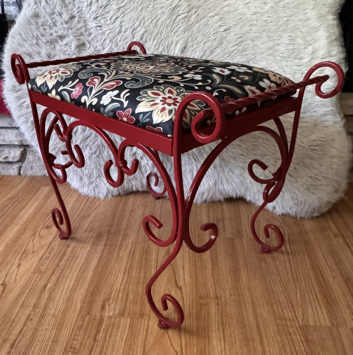 Ornate Red Wrought Iron Vanity Bench with Floral Upholstered Seat