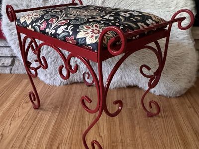 Ornate Red Wrought Iron Vanity Bench with Floral Upholstered Seat