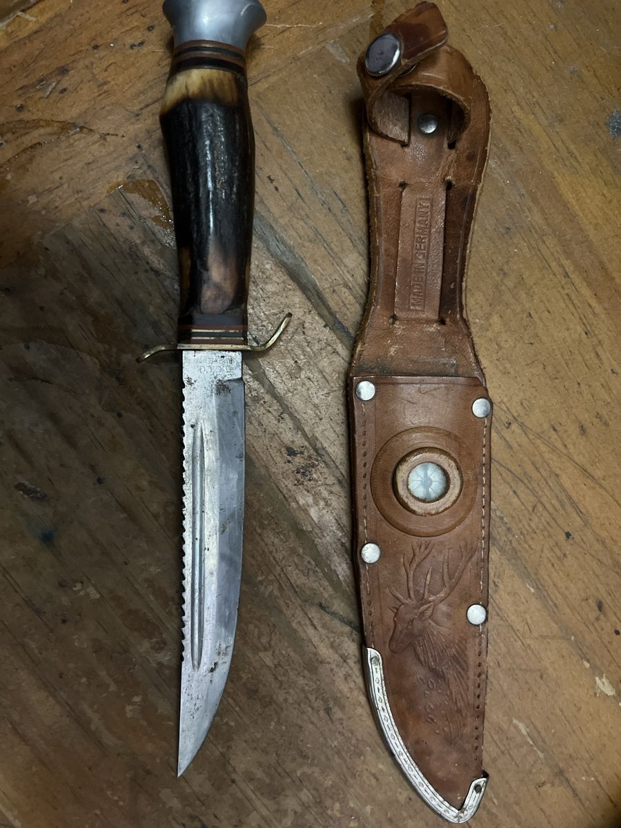 Vintage Hunting Knife w/ Stag Handle & Leather She