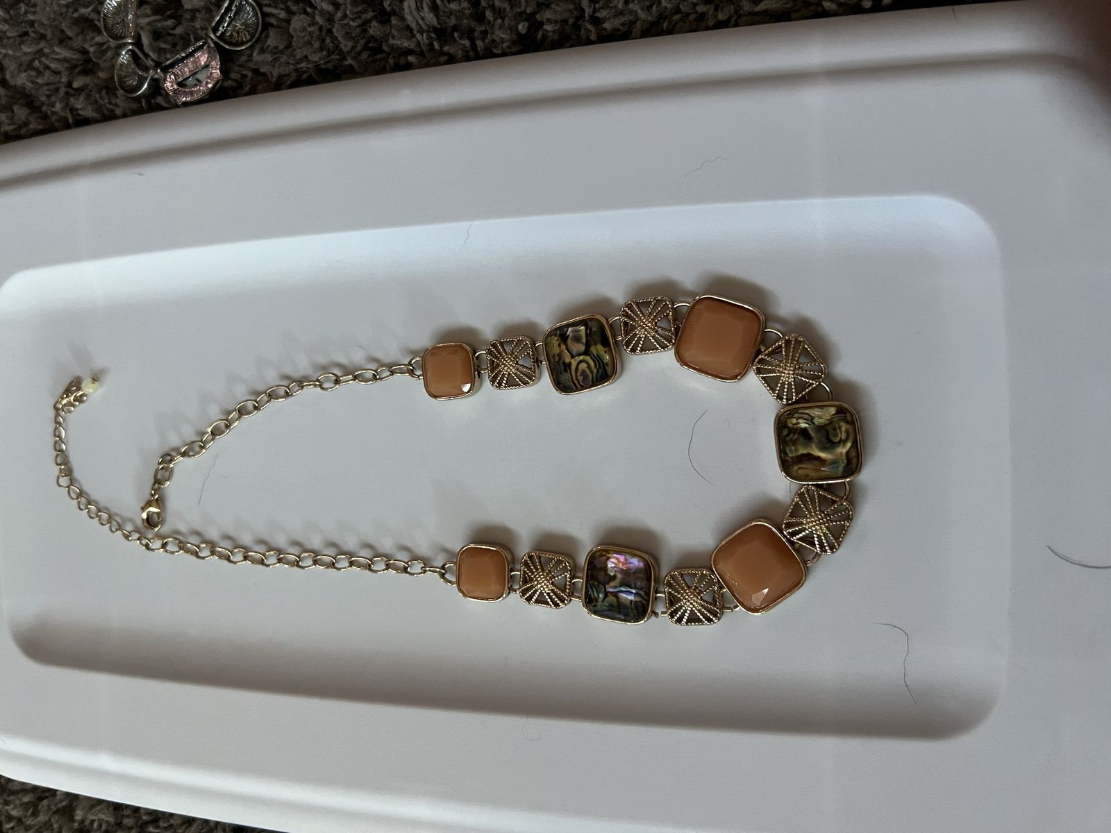 Gold Tone Chain Link Necklace with Peach & Iridescent Square Gemstones, Adjustable Length