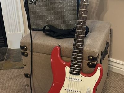 Squier by Fender Bullet Strat Electric Guitar with Squier Champ 15 Amplifier and Cable