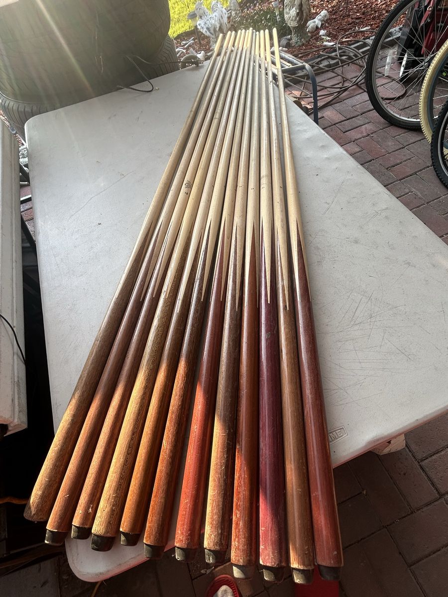 Lot Of 12 Used Valley Supreme Pool Cues & A Box Of Silver Cup Billiard Chalk