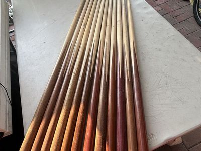 Lot Of 12 Used Valley Supreme Pool Cues & A Box Of Silver Cup Billiard Chalk