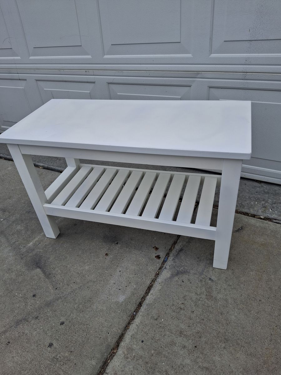 wood white bench with shoe rack
