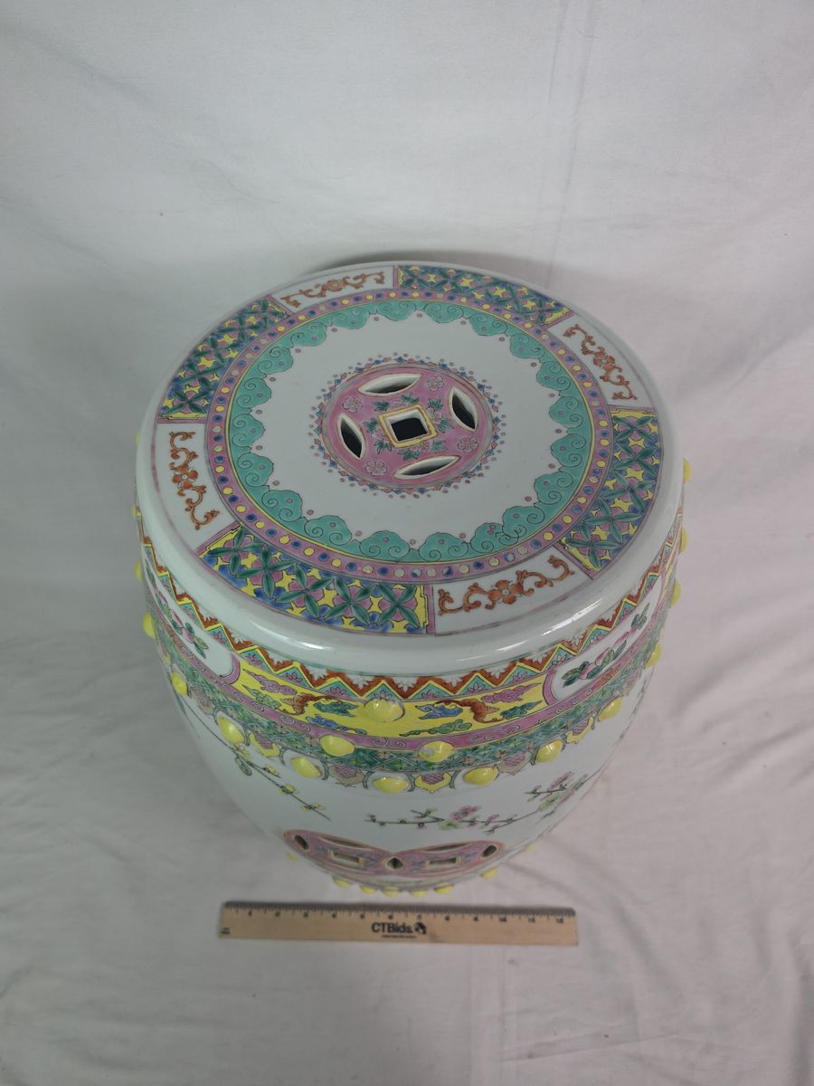Large Chinese Famille Rose Porcelain Garden Seat / Stool - Floral & Coin Motif, 18" Tall