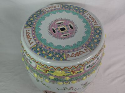 Large Chinese Famille Rose Porcelain Garden Seat / Stool - Floral & Coin Motif, 18" Tall