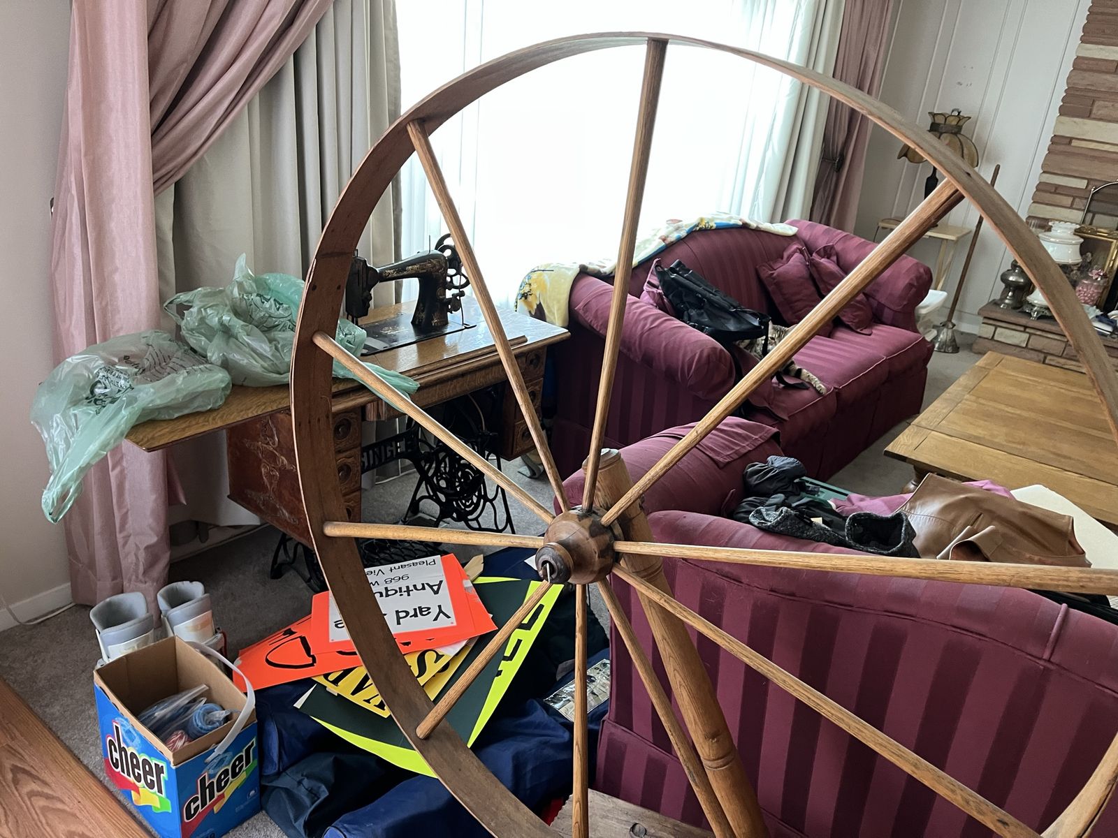 Antique Wooden Spinning Wheel Folk Art Decor Rustic Textile Tool