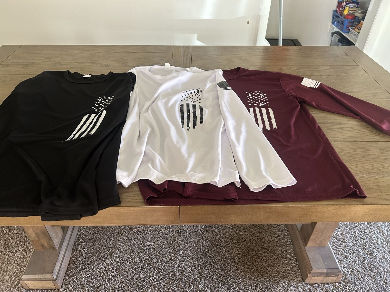 3-Pack Men's 2XL Patriotic Flag Long-Sleeve Performance T-Shirts (Black, White, Maroon)