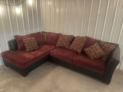 L-Shaped Sectional Sofa - Red Fabric & Brown Faux Leather with Patterned Accent Pillows
