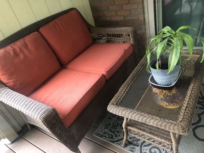 Wicker Patio Loveseat with Coral Cushions & Matching Glass-Top Side Table - Outdoor Furniture Set
