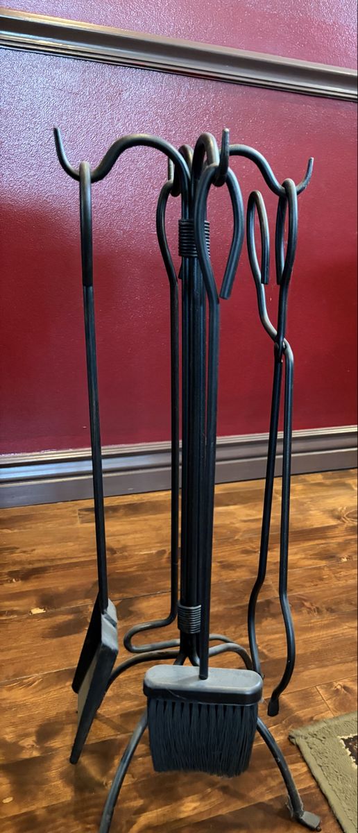 5 piece weight iron fireplace tool set with shepherds hook handles