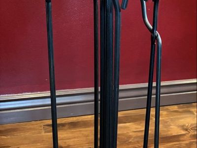 5 piece weight iron fireplace tool set with shepherds hook handles