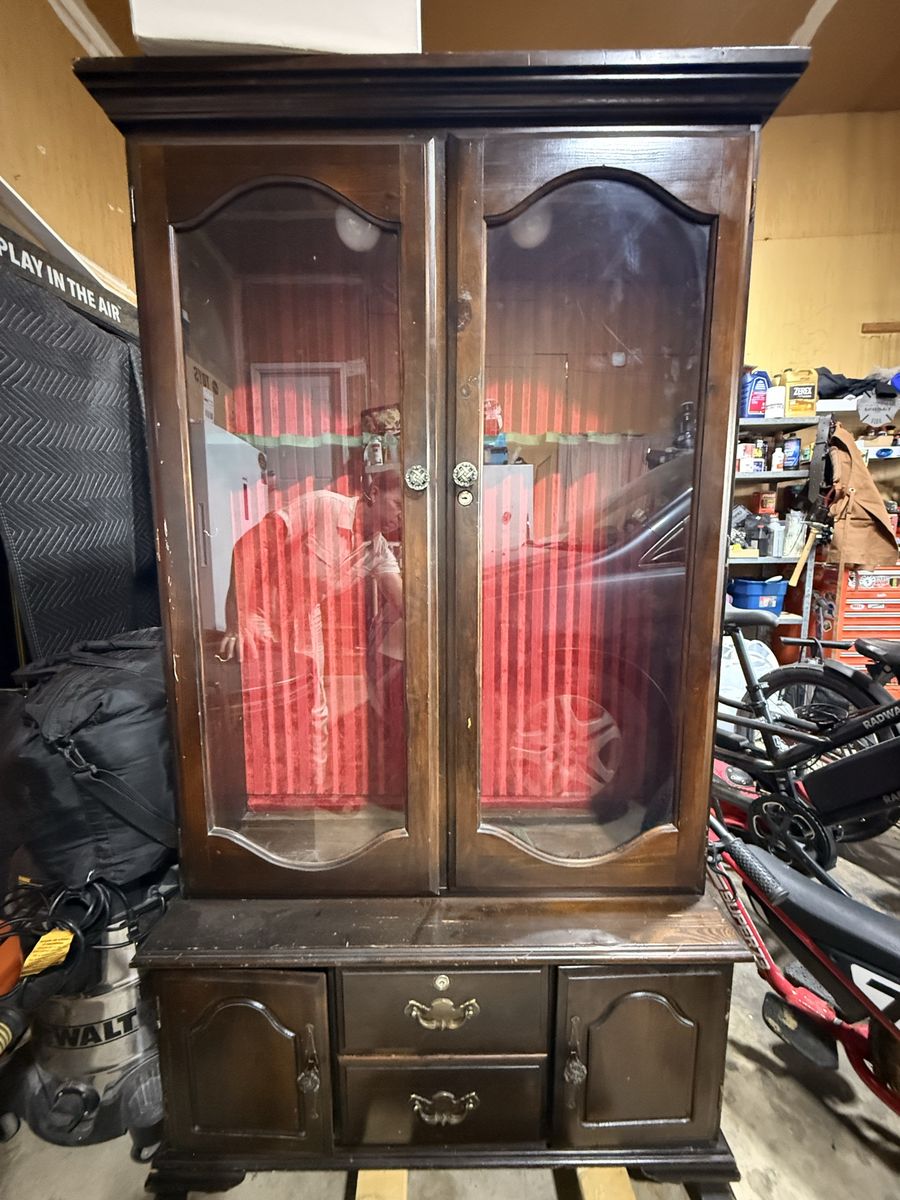 Vintage Wooden Gun Cabinet with Glass Doors & Storage Drawers