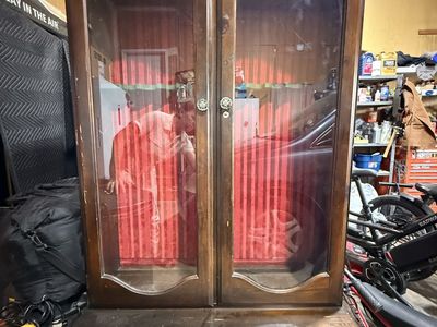 Vintage Wooden Gun Cabinet with Glass Doors & Storage Drawers