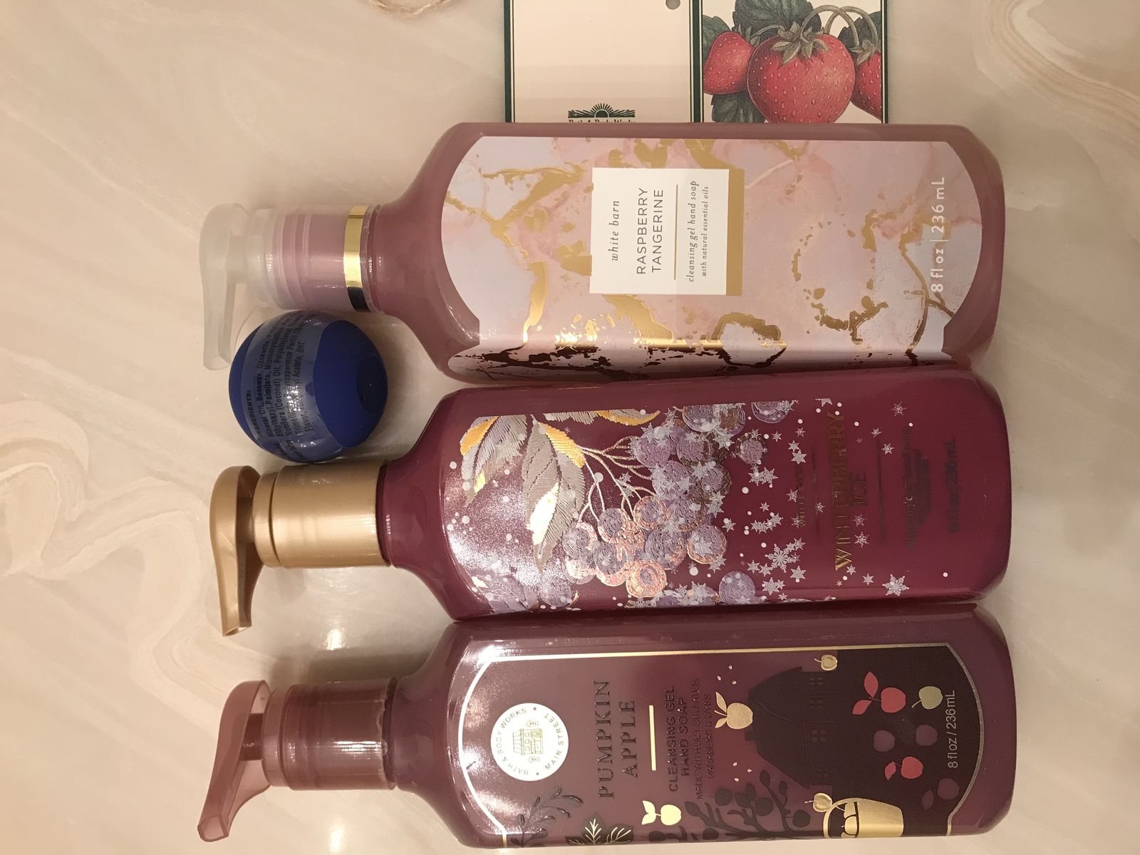 5 Bath & Body Works Gel Hand Soap Raspberry Tangerine Pumpkin Apple Winterberry Ice round lip balm tag