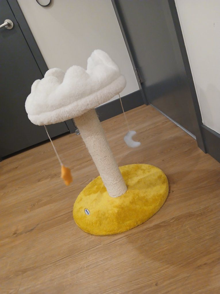Cute Cat Scratching Post with Cloud Perch & Hanging Toys - Yellow/White, Excellent Condition