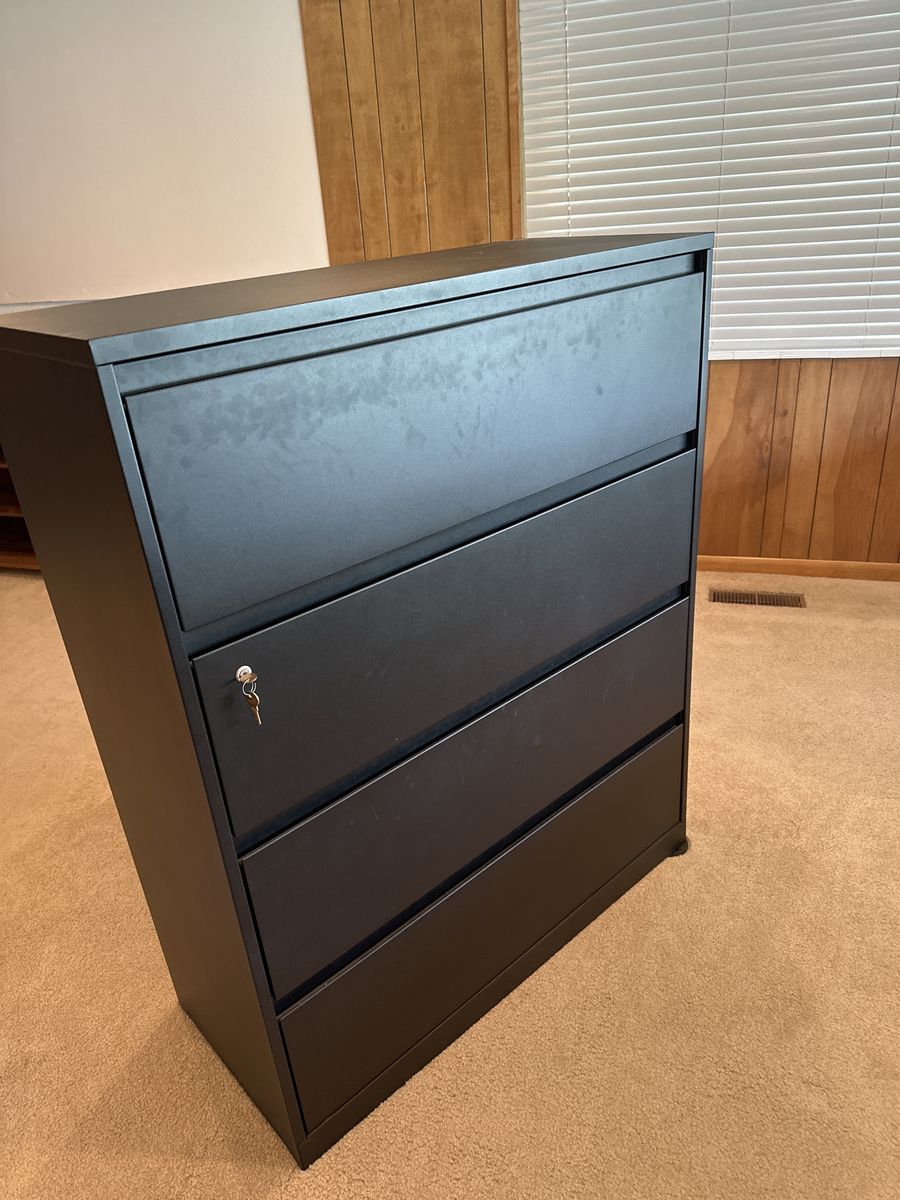 Black 4-Drawer Lateral File Cabinet with Key - Excellent Condition Office Storage
