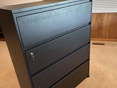 Black 4-Drawer Lateral File Cabinet with Key - Excellent Condition Office Storage