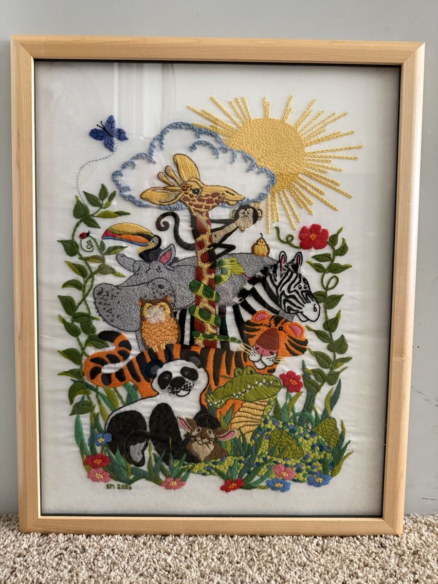 Vintage Zoo Animal Crewel Embroidery Framed