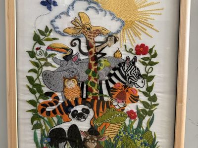 Vintage Zoo Animal Crewel Embroidery Framed