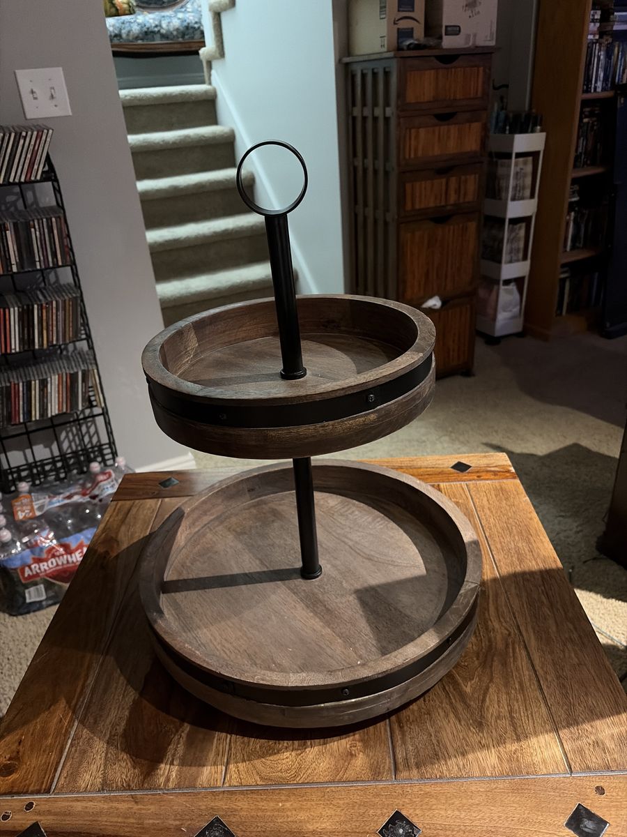 Heavy Duty Rustic Wood & Metal 2-Tiered Tray Stand - Serving or Decor