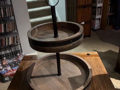 Heavy Duty Rustic Wood & Metal 2-Tiered Tray Stand - Serving or Decor