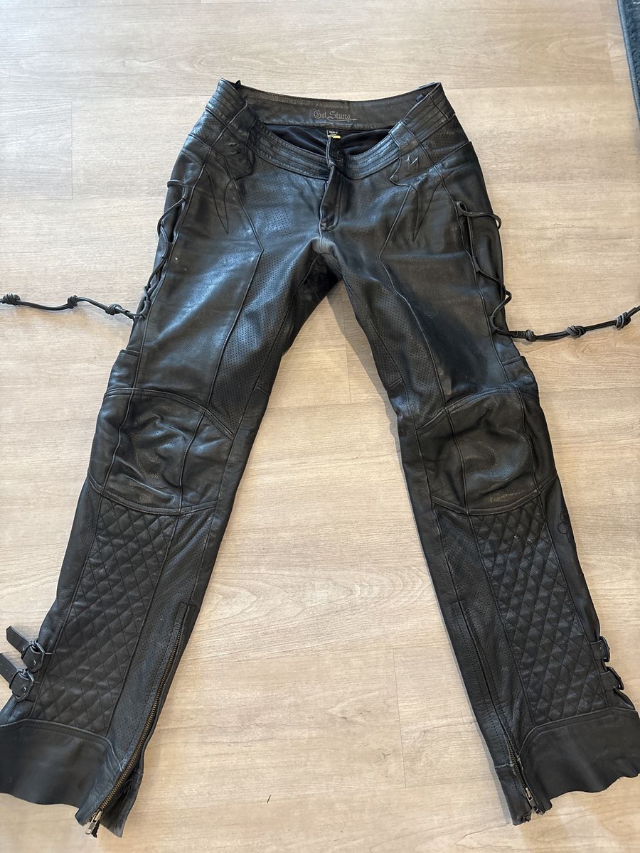 Got Stung Black Perforated Leather Motorcycle Pants w/ Quilted Detail & Lace-Up Sides
