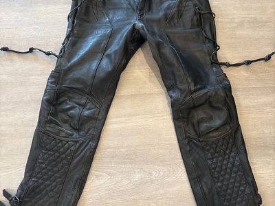 Got Stung Black Perforated Leather Motorcycle Pants w/ Quilted Detail & Lace-Up Sides