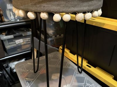 Round Gray Fabric Ottoman Stool with Pom Poms and Hairpin Legs