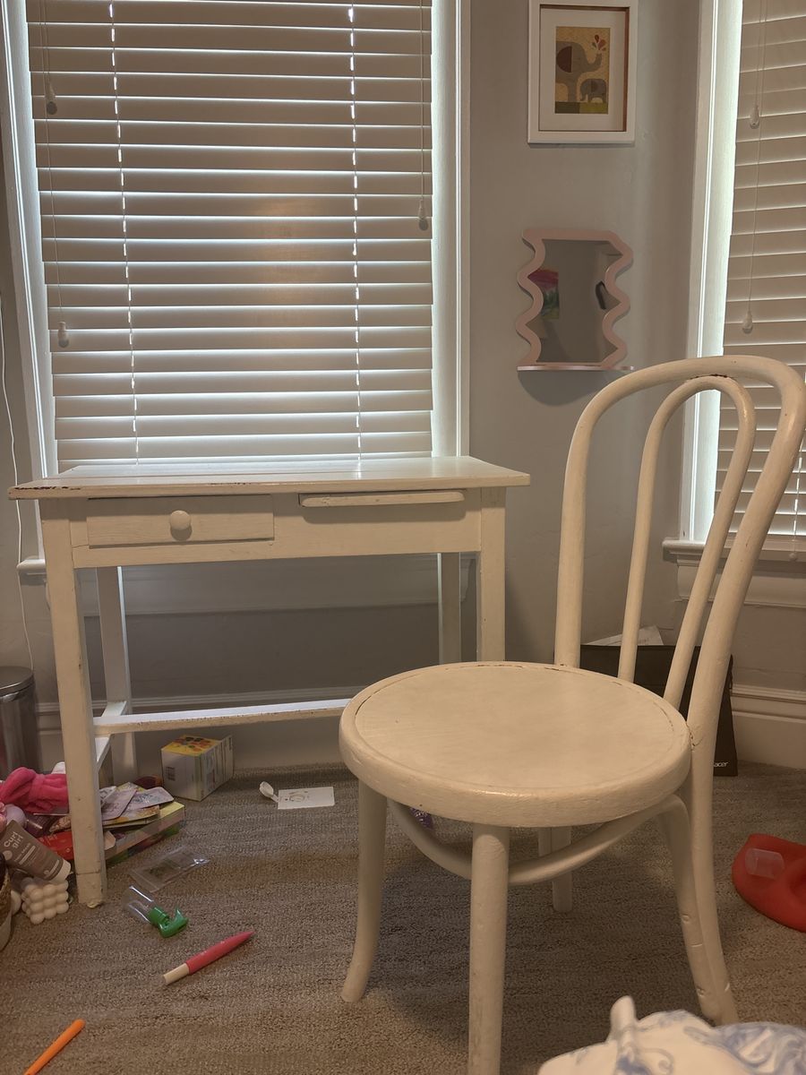 Vintage White Wood Desk & Chair Set - Shabby Chic Style with Drawer